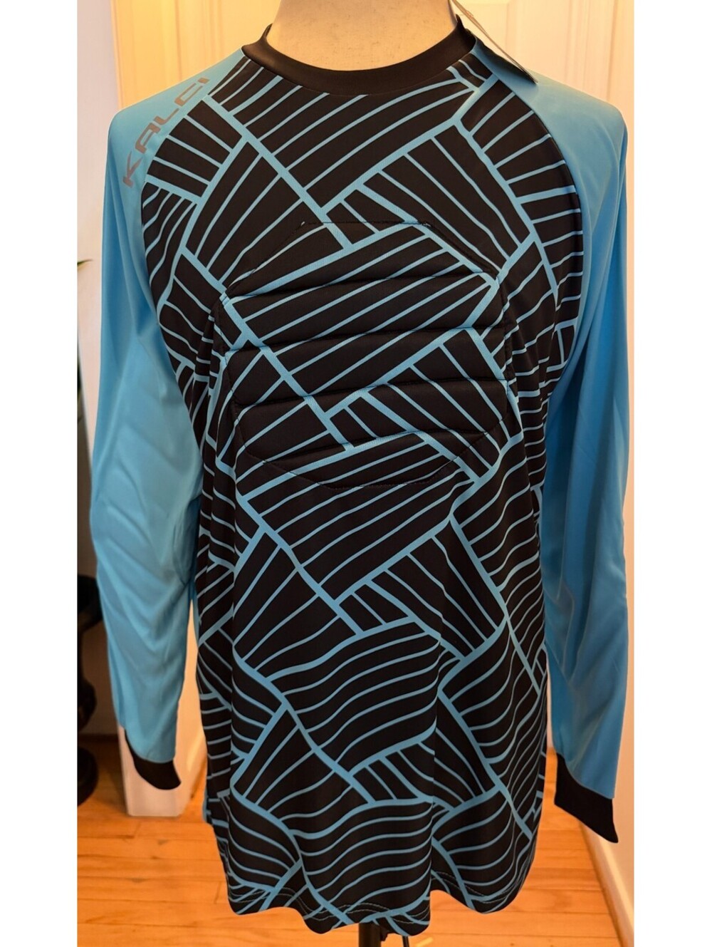 Kalci Soccer Goalie Jersey Padded Chest Elbows Mens Large Blue Black Long Sleeve